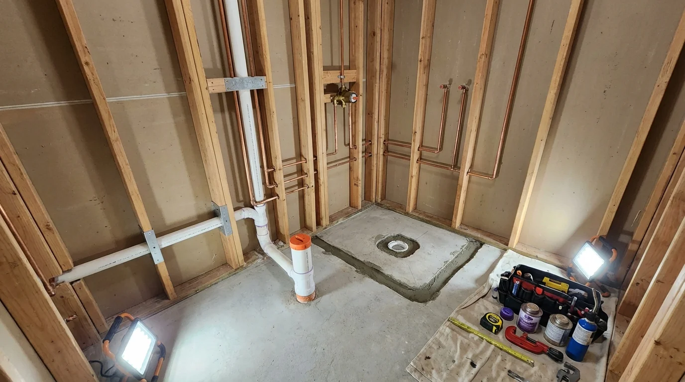 Bathroom rough-in plumbing during remodel by Johns Plumbing LLC in Bunnell