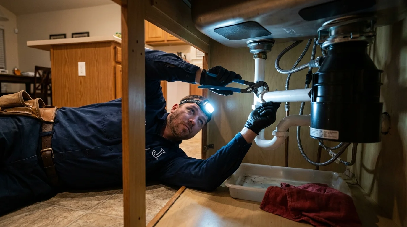 P-trap and supply line connections under a kitchen sink showing a common leak point in Bunnell, FL